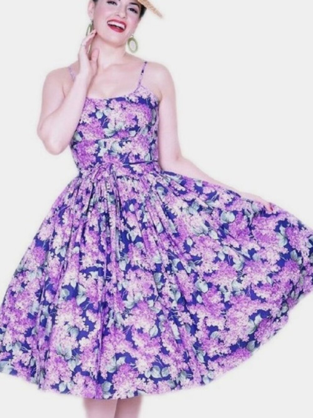 RARE BERNIE DEXTER CHELSEA LILAC PRINT ROCKABILLY DRESS GUC 2X PINUP DESIGNER